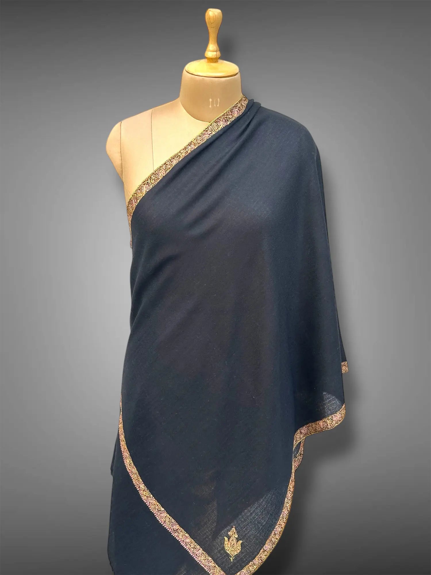 pashmina kashmiri hashidaar black stole,  front full