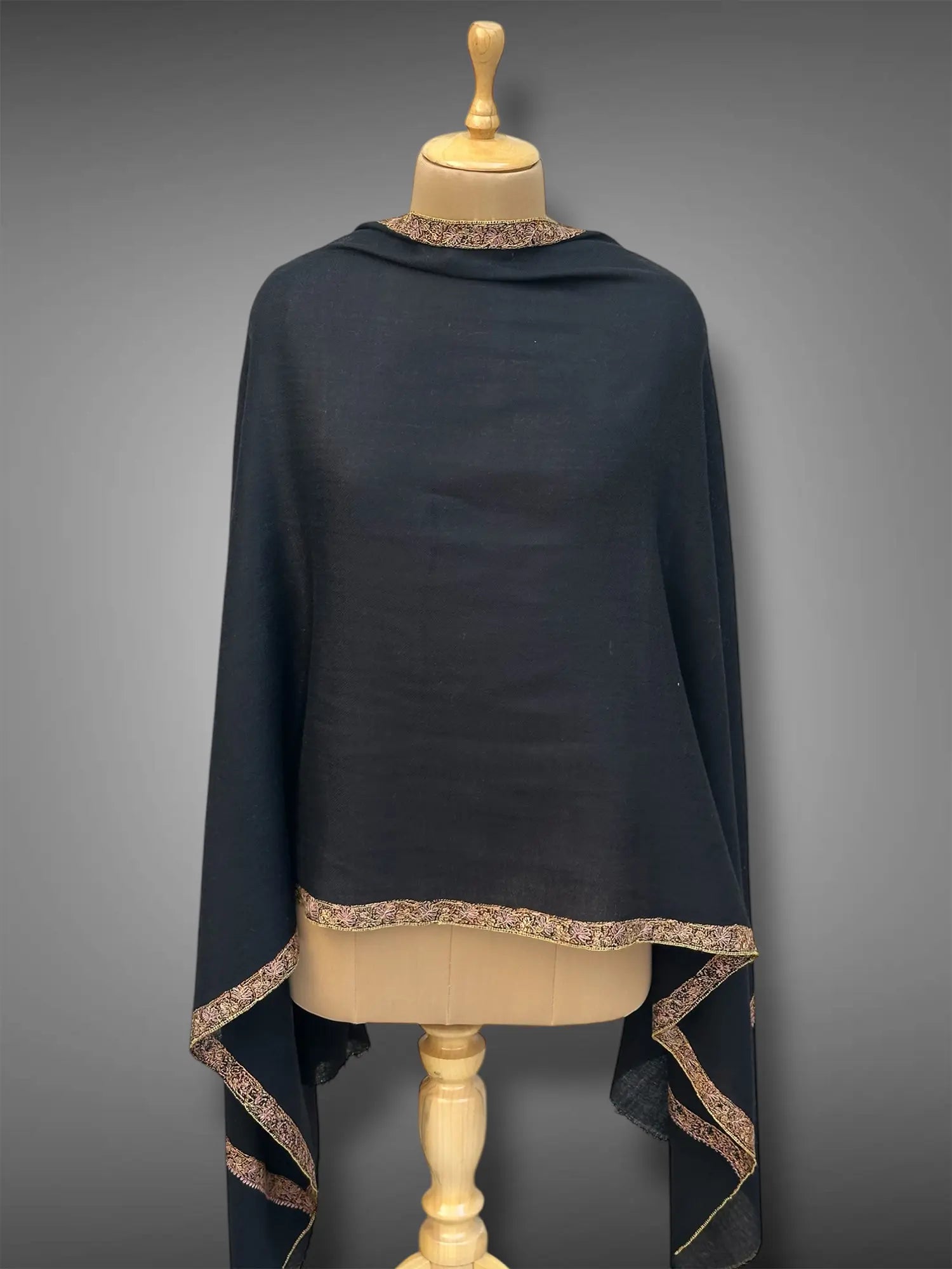 pashmina kashmiri hashidaar black stole,  front full 2