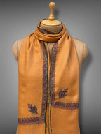 pashmina kashmiri hashidaar mustard gold stole,  muffler close up