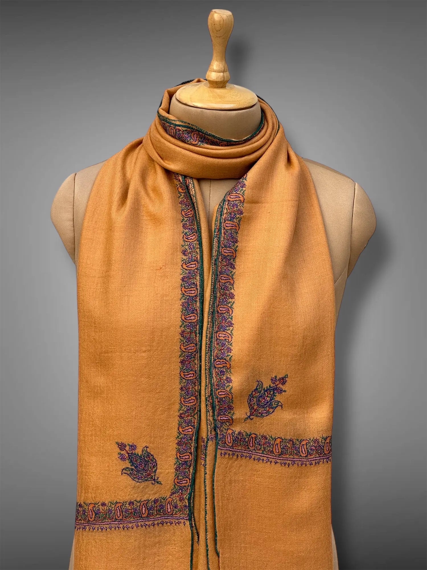 pashmina kashmiri hashidaar mustard gold stole,  muffler close up