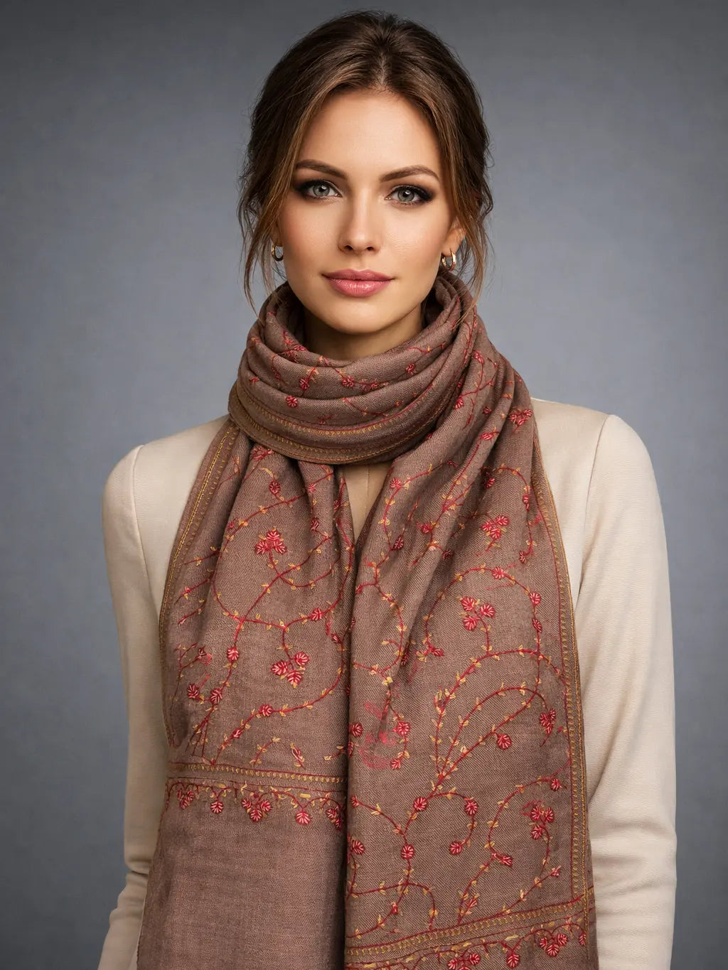 sozni pashmina kashmiri mud brown stole,  muffler model pose