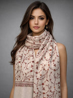 sozni pashmina kashmiri off white stole,  muffler model pose