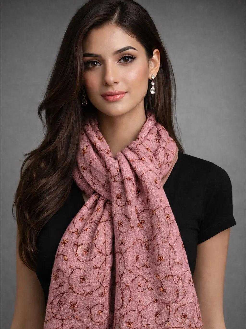 sozni pashmina kashmiri rose pink stole,  muffler model pose