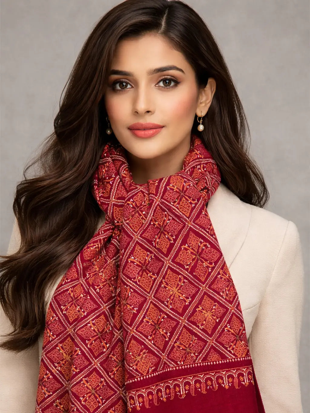 sozni pashmina kashmiri maroon stole,  muffler model pose