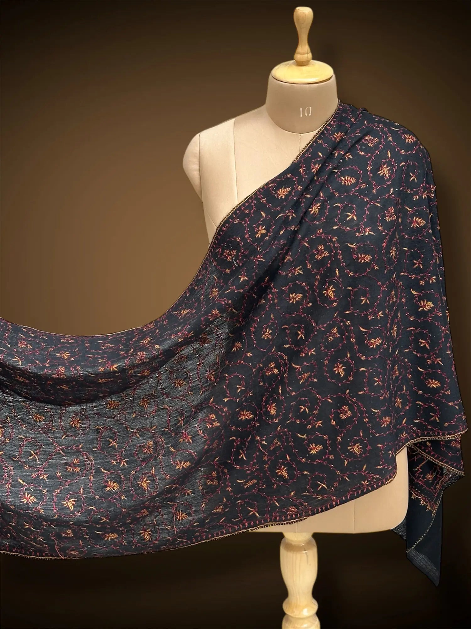 sozni pashmina kashmiri black stole,  front full