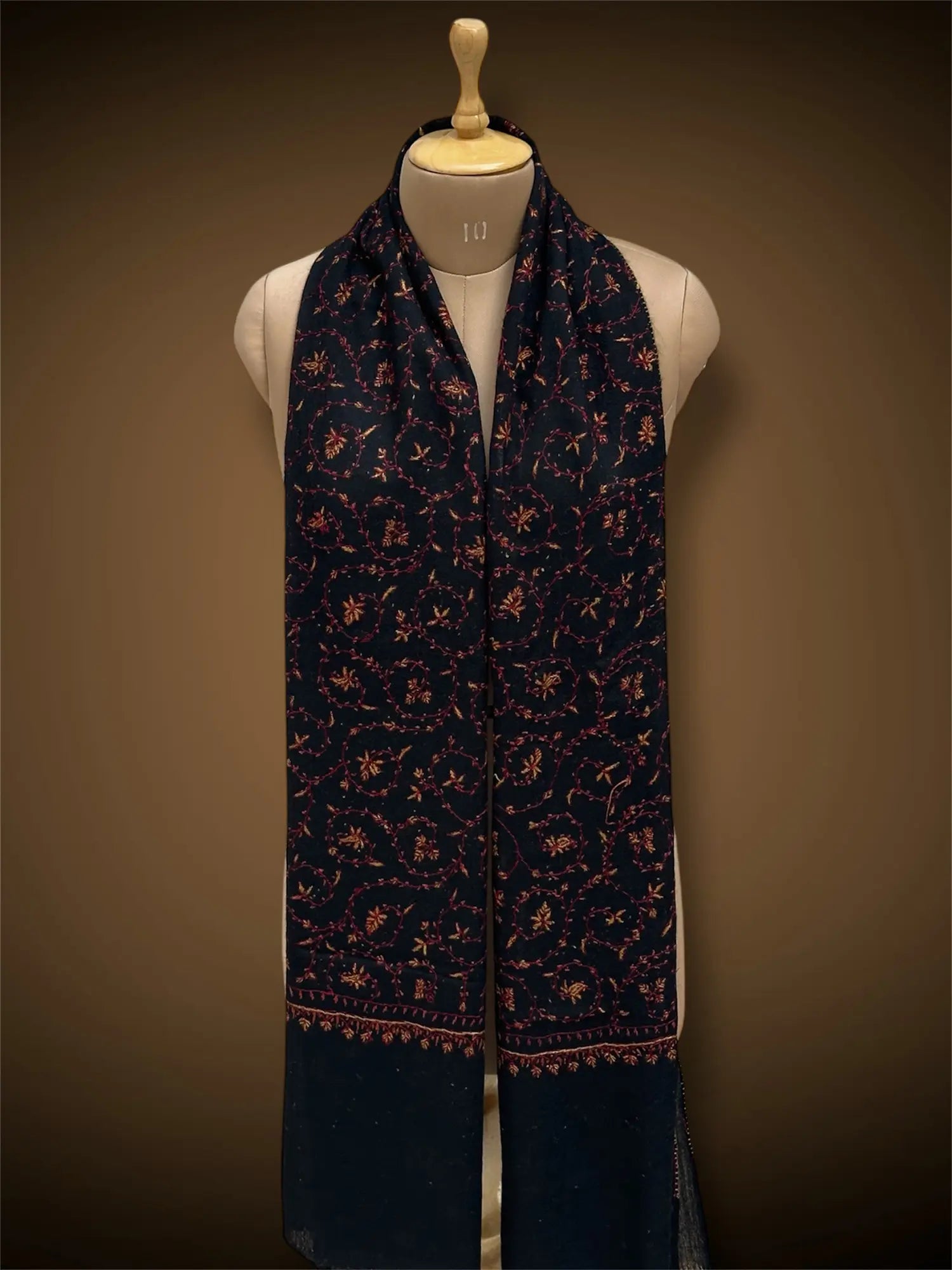 sozni pashmina kashmiri black stole,  front full 2