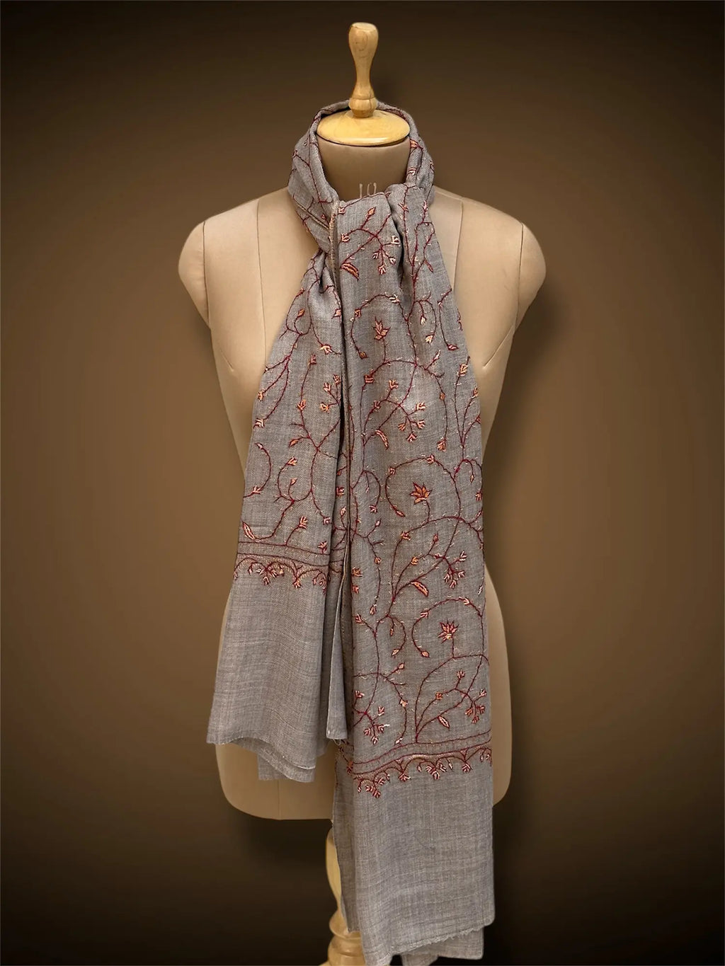 sozni pashmina kashmiri gray stole,  knot muffler full