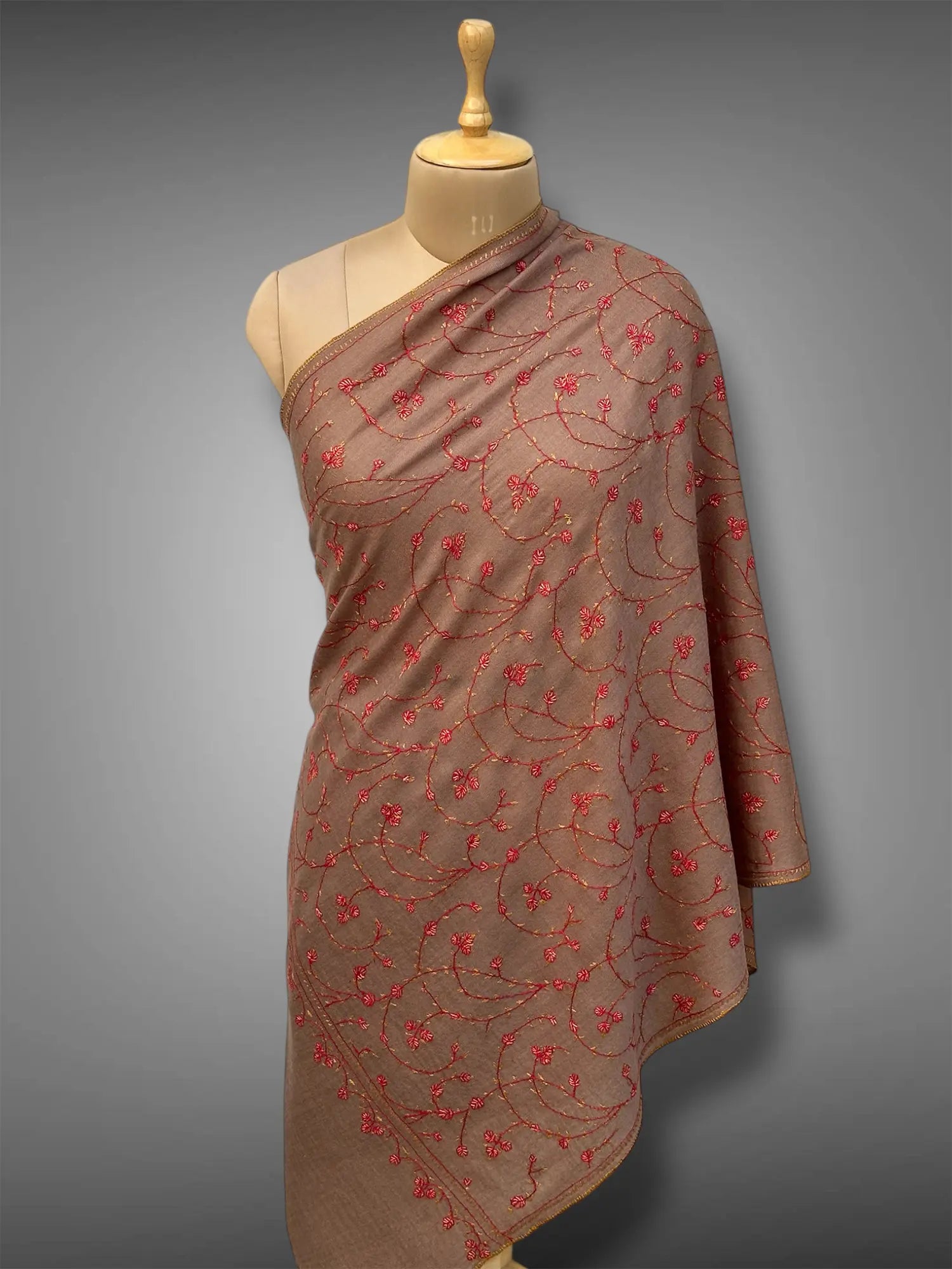 sozni pashmina kashmiri mud brown stole,  front full