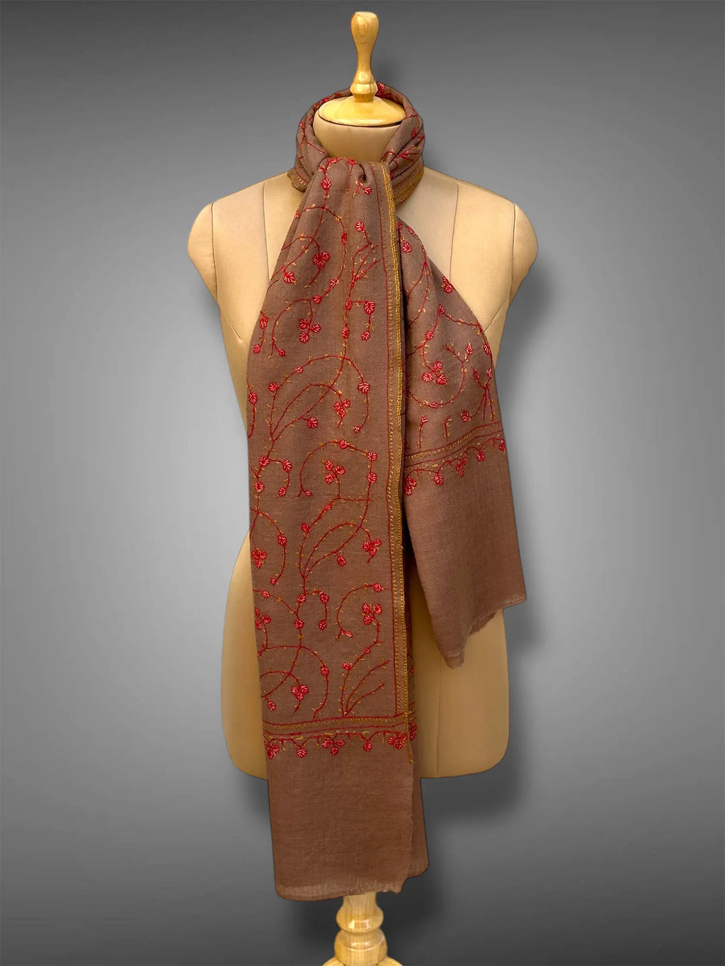 sozni pashmina kashmiri mud brown stole,  muffler full