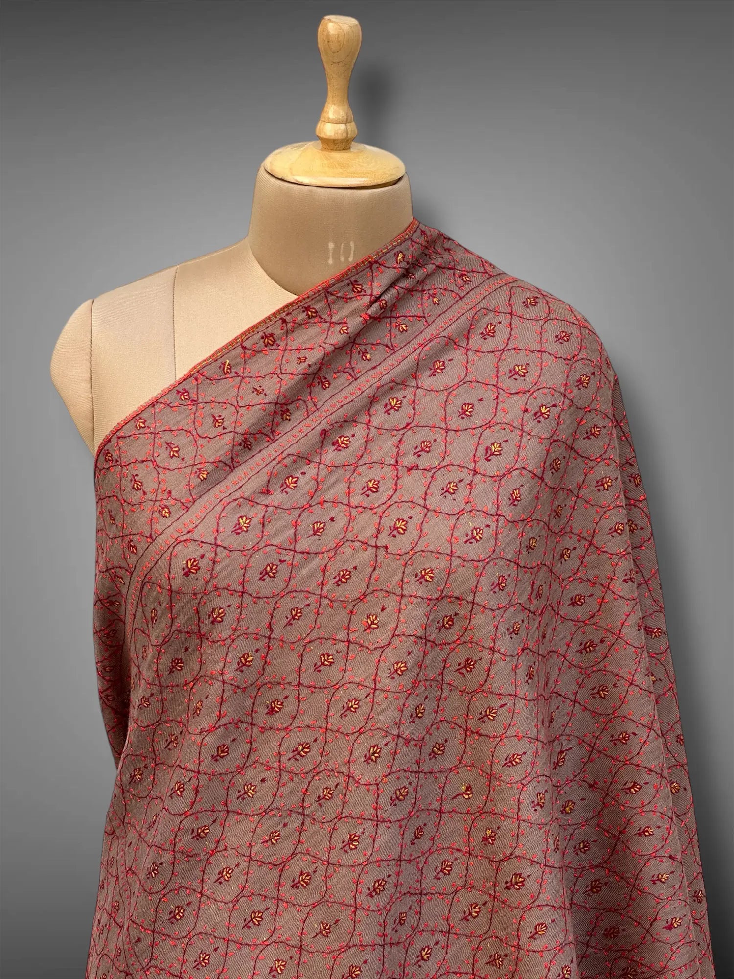 sozni pashmina kashmiri rich brown stole,  front close up