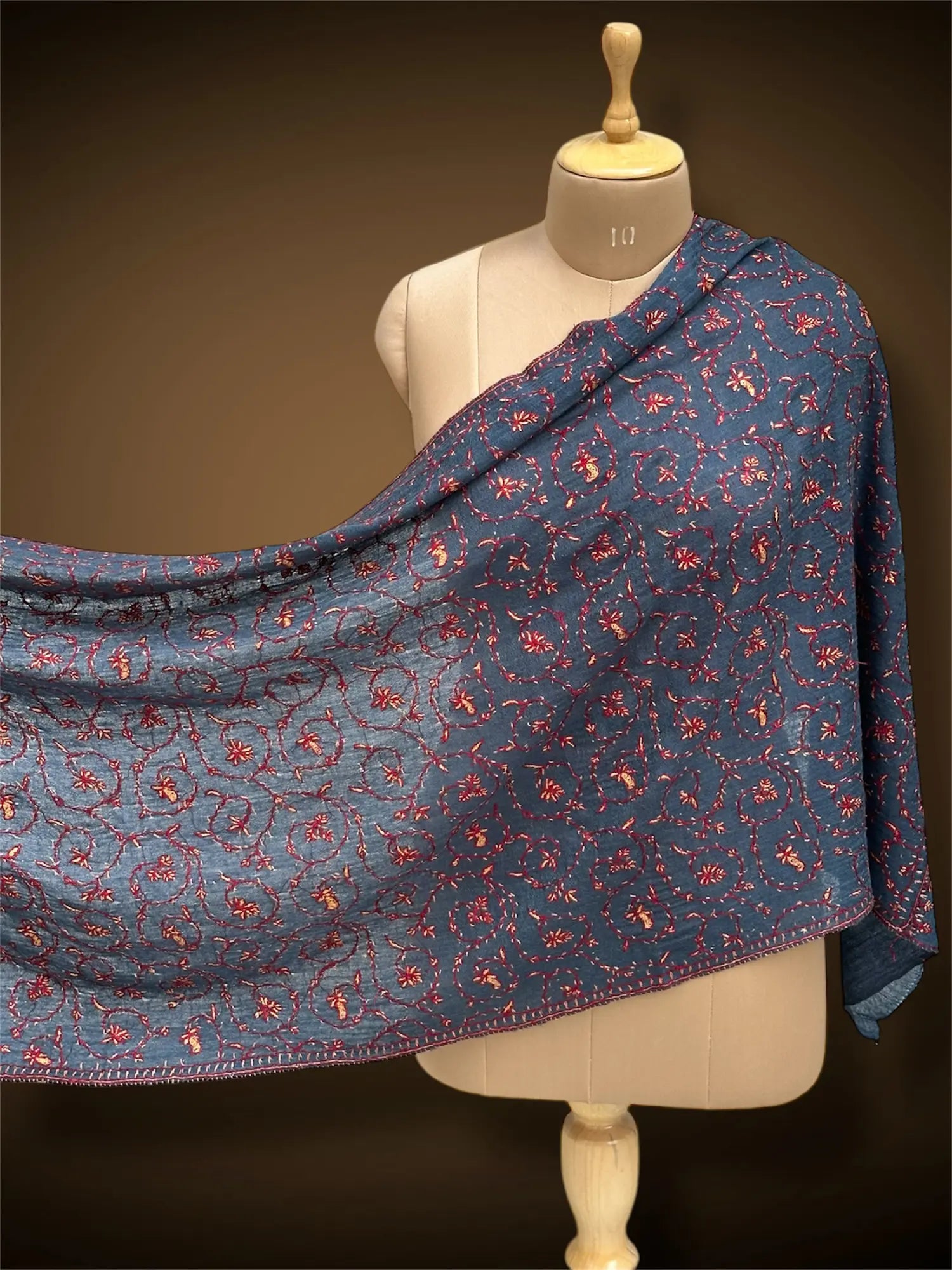 sozni pashmina kashmiri slate blue stole,  front full