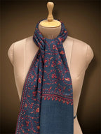 sozni pashmina kashmiri slate blue stole,  muffler close up