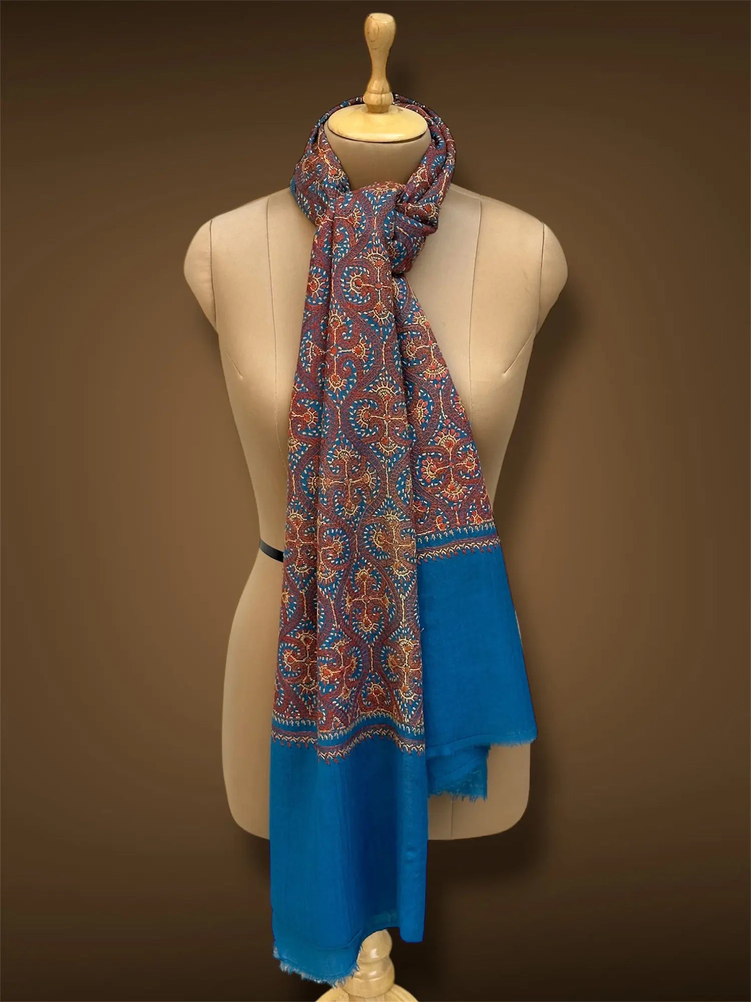 sozni pashmina kashmiri turquoise blue stole,  knot muffler full