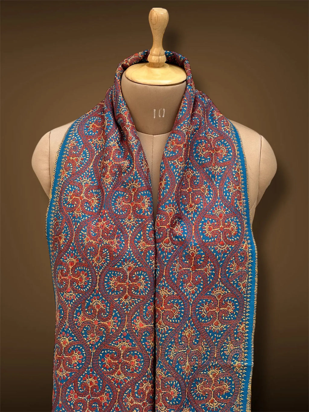 sozni pashmina kashmiri turquoise blue stole,  muffler close up